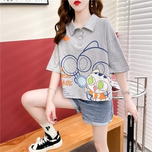 小个子短款polo衫短袖t恤女夏季韩版宽松大码女装卡通娃娃领上衣