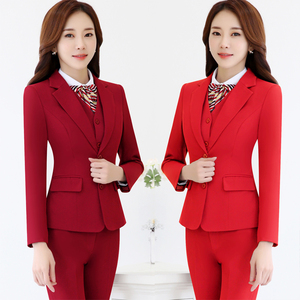 职业套装女西装春秋新款商务正装时尚气质职业装长袖红色西服韩版