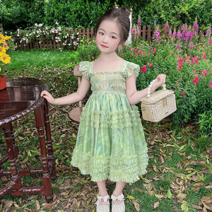 女童高级感公主裙夏季小女孩连衣裙女宝宝夏装洋气绿色吊带蓬蓬裙