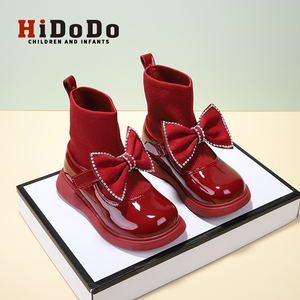 女童红色靴子儿童袜子靴2022新款秋冬季单靴宝宝公主短靴加绒皮靴