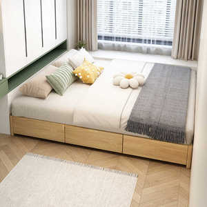 现代简约带抽屉储物箱体1.5m1.8m榻榻米贴地床无床头高箱实木床