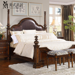 美式实木罗马柱双人床1.8米头层牛皮软包卧室环保漆富邦美品家具