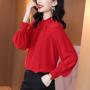 红色真丝上衣女2024春新款本命年时尚洋气女装高端轻奢设计感衬衫