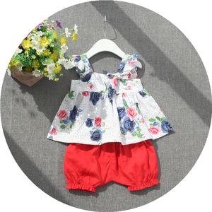 女宝宝夏季碎花吊带连衣裙衫短裤套装女婴儿可爱凉爽两件套0~3岁