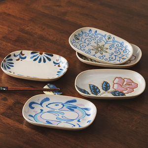 美浓烧日式饺子盘子釉下彩餐具家用陶瓷长方盘子手绘风创意异形碟