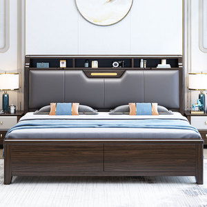 紫金檀木实木床主卧现代简约1.8米双人床 新中式轻奢软包储物大床