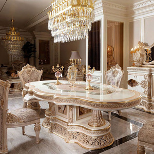 皇加豪庭 欧式实木雕花餐桌白色描金奢华餐台客厅手工家具定制