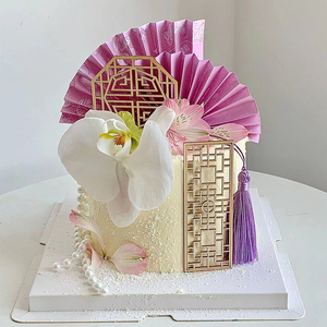 新中式国风蛋糕装饰摆件青花瓷粉紫色扇子仿真蝴蝶兰珍珠屏风插件