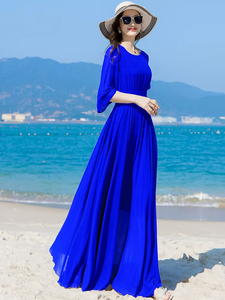 夏季克莱因蓝雪纺连衣裙女长款到脚踝2023新款沙滩超长紫色大摆裙