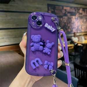 紫色小熊兔子iphone14promax斜挎手机壳女款13适用苹果12背带式挂绳11卡通公仔xsmax硅胶软壳xr全包8p/15创意