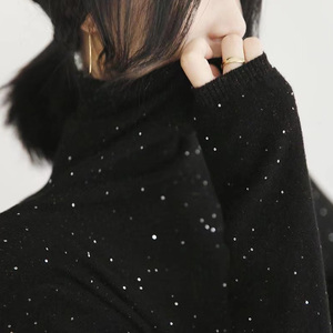 黑色亮片堆堆领毛衣女秋冬季2022新款洋气百搭高领内搭针织打底衫