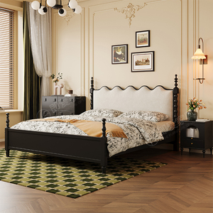 中古风实木床 主卧双人1.8米大床黑色法式复古风小户型储物软包床