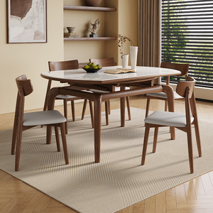 岩板餐桌可变圆桌家用小户型现代简约轻奢方圆两用可伸缩实木餐桌
