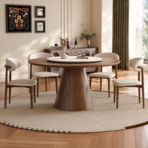 复古风全实木圆形餐桌家用小户型北欧现代胡桃色中古风带转盘圆桌
