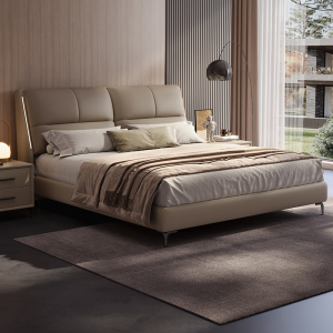 现代简约双人真皮床头层牛皮意式极简新款小户型主卧床软包皮艺床