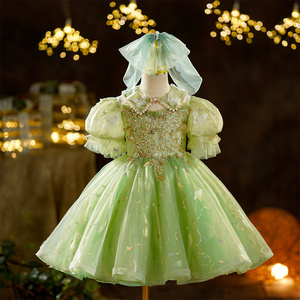 万圣节绿色精灵花童礼服裙女儿童公主裙女童生日演出服秀钢琴春款