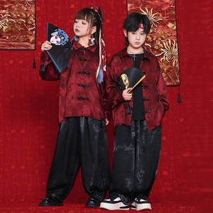 元旦儿童演出服中国风套装男童红色唐装女童汉服套装国潮街舞表演