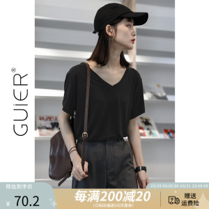 GUIER 铜氨丝纯色短袖t恤女2024新款V领丅恤上衣女夏百搭宽松体恤