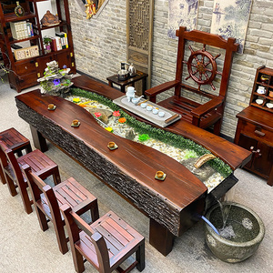 老船木茶桌椅组合实木新中式泡茶台客厅禅意流水养鱼茶几鱼缸茶台