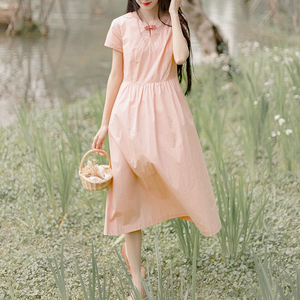 粉色旗袍改良连衣裙年轻款少女复古盘扣中式显瘦大摆a字学生日常