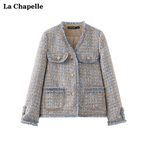 拉夏贝尔/La Chapelle法式编织小香风外套女春新款毛边粗呢花大衣