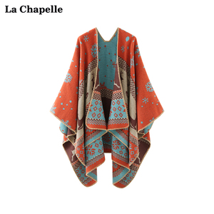 拉夏贝尔/La Chapelle民族风复古雪花麋鹿提花针织披肩女外搭罩衫
