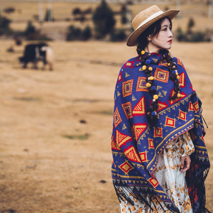 民族风藏族几何图案保暖超大披肩围巾斗篷女青海西藏西北旅游拍照