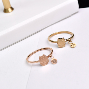 日韩可爱招财猫时尚铜钱14K玫瑰金色钛钢戒指食指环不掉色戒子女
