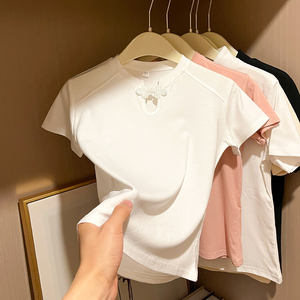 短袖T恤女2024夏季新款白色新中式小圆领修身优美搭扣上衣打底衫
