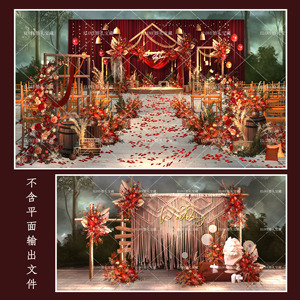 B019婚礼手绘户外秋色森系红色现代psd效果图设计舞台迎宾区橙色