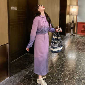 粉紫色休闲套装裙女春季2024新款设计感小众连帽卫衣半身裙两件套