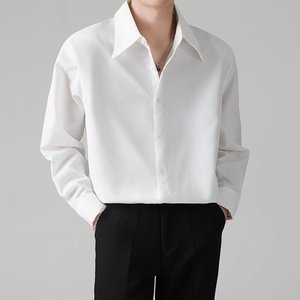 商务白色垫肩长袖衬衫男装高级ins潮设计感韩系宽松免烫抗皱衬衣