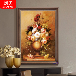 手绘欧式油画进门玄关挂画美式入户过道客厅竖幅手工牡丹古典花卉