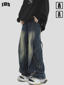 INSstudios 国潮牌情侣美式做旧水洗拼接设计牛仔裤宽松直筒长裤
