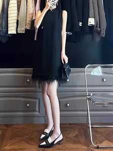 FAshi 新中式黑色无袖直筒连衣裙女夏季减龄立领精致气质流苏裙子