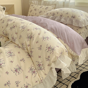 韩式公主风纯棉床上四件套全棉100单人床单被套床品三件套床笠款