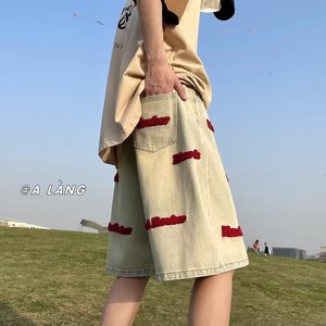 美式水洗黄泥牛仔短裤男夏季vibe设计感红色刺绣直筒宽松五分裤子