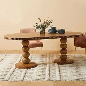 法式原木雕刻椭圆餐桌中古罗马柱复古做旧圆餐桌个性网红侘寂风
