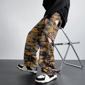 欧美街头hiphop迷彩色工装裤小众设计感裤子拼色破洞阔腿休闲裤