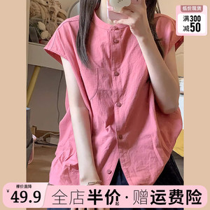 日系复古玫红色衬衫女夏季2024新款法式气质小众独特别致衬衣上衣