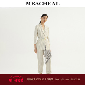 MEACHEAL米茜尔夏季新款女装白色条纹亚麻西装外套正装高级感西服