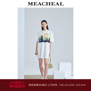 MEACHEAL米茜尔夏季新款女装纯棉白色印花图案宽松T恤连衣裙女长