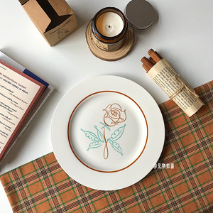见物如面 ins简约法式复古玫瑰陶瓷手绘vintage甜品沙拉西餐盘子