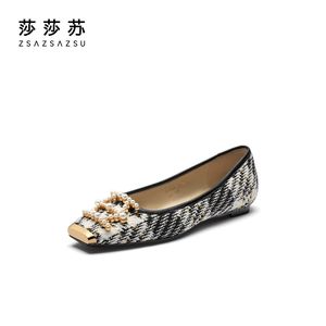 莎莎苏春夏新中式单鞋女方头糖豆珍珠小香风平底芭蕾鞋ZA32532-12