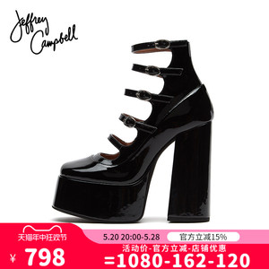 Jeffrey Campbell玛丽珍女鞋秋冬新品黑色漆皮扣带超高跟粗跟单鞋