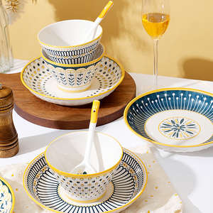 鸿运日式斗笠陶瓷碗套装创意家用米饭碗陶瓷勺菜盘高级感餐具组合