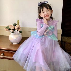 爱莎公主裙子女童春秋款紫色加厚美人鱼礼服儿童洋气针织毛衣裙