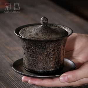 日式大号盖碗茶杯单个泡茶碗铁锈釉三才碗手工陶瓷茶具复古敬茶碗