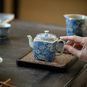 茶壶手工家用四方青花瓷陶瓷单壶家用功夫茶具配件开片可养泡茶器