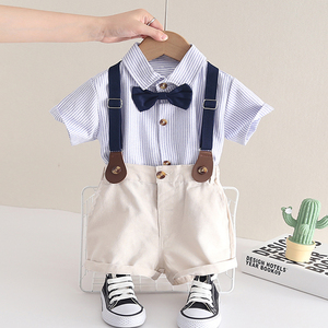 小童夏季男童蓝条纹短袖衬衫领结背带绅士套装儿童宝宝小西装正装